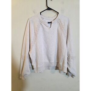 Aerie Hey Crochet Cream Lace Trim Raglan Sweatshirt Small Boho Notch Neck